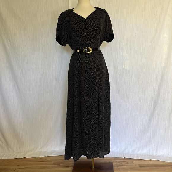 Vtg 90’s Dana Buchman Silk Black Polka Dot Midi Shirt Dress Size 14 Classic NOS - Picture 1 of 9